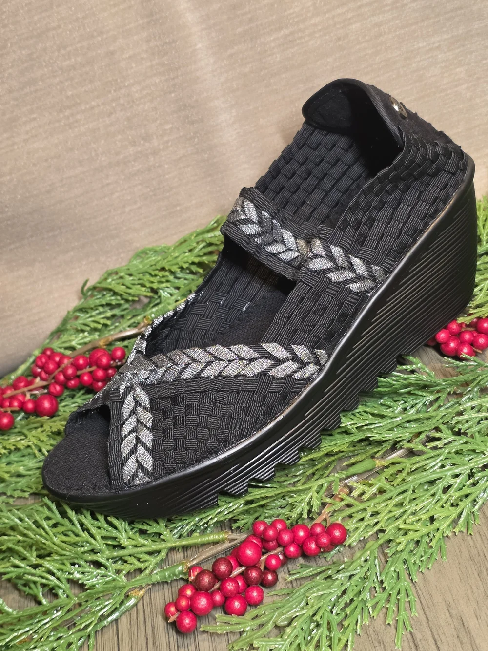 bernie mev. Women's Braided Hallie Wedges in Black/Pewter